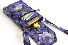 Load image into Gallery viewer, Purple floral crossbody phone bag - grab and go bag for everyday carry