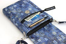 Load image into Gallery viewer, Blue fabric cell phone bag with pockets - minimalist crossbody purse