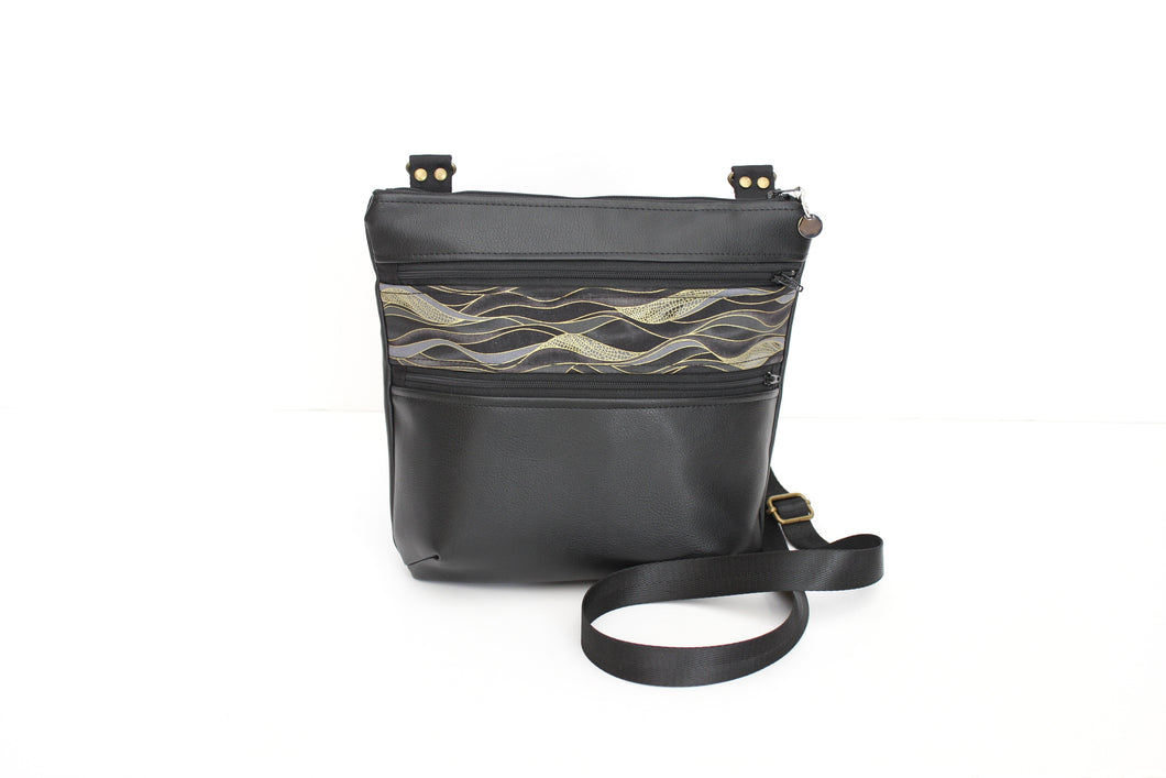 Black vegan leather crossbody bag - mid size multi pocket zipper purse