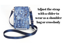 Load image into Gallery viewer, Blue fabric cell phone bag with pockets - minimalist crossbody purse