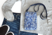 Load image into Gallery viewer, Blue fabric cell phone bag with pockets - minimalist crossbody purse