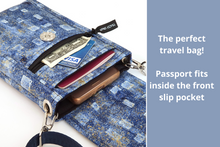 Load image into Gallery viewer, Blue fabric cell phone bag with pockets - minimalist crossbody purse