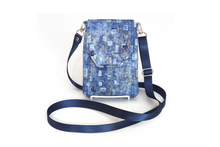 Load image into Gallery viewer, Blue fabric cell phone bag with pockets - minimalist crossbody purse