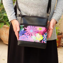 Load image into Gallery viewer, Black vegan leather small crossbody bag – pink purple flowers zip top
