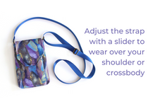 Load image into Gallery viewer, Small crossbody cell phone bag - blue purple and metallic gold fabric
