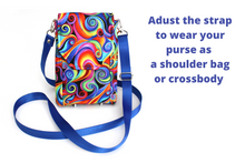 Load image into Gallery viewer, Minimalist crossbody cell phone bag in colorful retro spiral fabric