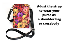 Load image into Gallery viewer, Minimalist crossbody cell phone bag in zinnia floral fabric