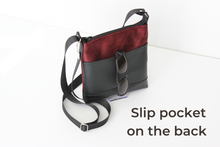 Load image into Gallery viewer, Dark red velvet and black vegan leather small crossbody bag for women