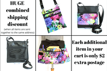 Load image into Gallery viewer, Black vegan leather small crossbody bag – pink purple flowers zip top