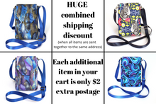 Load image into Gallery viewer, Small crossbody cell phone bag - blue and metallic gold fabric