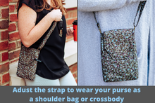Load image into Gallery viewer, Small Crossbody Bag - Phone Bag - gray blue and purple fabric - Tracey Lipman