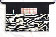 Load image into Gallery viewer, half apron with pockets, waitress apron with zipper pocket, zebra vendor apron, teacher apron, waist apron, utility apron black and white