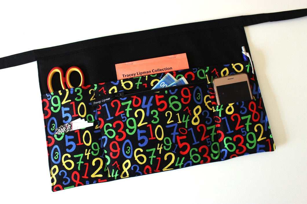 maths teacher apron with pockets - preschool apron with zipper pocket - number print half apron - maths teacher appreciation gift -