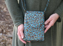 Load image into Gallery viewer, cell phone pouch, mobile phone bag, teal brown fabric cell phone purse crossbody phone case, small cross body purse, grab n go bag vegan