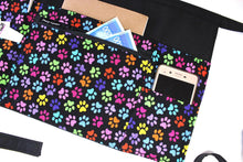 Load image into Gallery viewer, dog walker gift - pocket apron for dog walking - vendor apron - cat dog paw print half apron - utility apron zipper pocket half waist apron