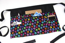 Load image into Gallery viewer, dog walker gift - pocket apron for dog walking - vendor apron - cat dog paw print half apron - utility apron zipper pocket half waist apron