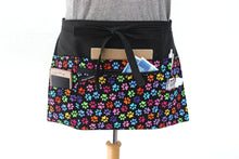 Load image into Gallery viewer, dog walker gift - pocket apron for dog walking - vendor apron - cat dog paw print half apron - utility apron zipper pocket half waist apron