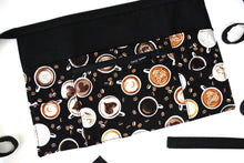 Load image into Gallery viewer, half apron with pockets, coffee cup waitress apron for women, server apron, teacher apron, vendor apron with zipper pocket, waist apron