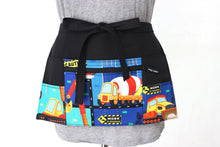 Load image into Gallery viewer, teacher apron with pockets, construction vehicle, trucks preschool teacher organizer apron, bulldozer, concrete mixer, digger, dumper truck