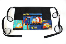 Load image into Gallery viewer, teacher apron with pockets, construction vehicle, trucks preschool teacher organizer apron, bulldozer, concrete mixer, digger, dumper truck