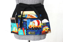 Load image into Gallery viewer, teacher apron with pockets, construction vehicle, trucks preschool teacher organizer apron, bulldozer, concrete mixer, digger, dumper truck