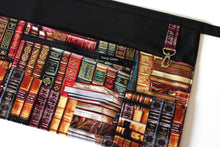Load image into Gallery viewer, pocket apron gift for book lover - teacher appreciation gift - book print fabric half apron - black utility apron zipper pocket waist apron
