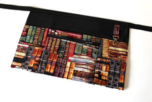 Load image into Gallery viewer, pocket apron gift for book lover - teacher appreciation gift - book print fabric half apron - black utility apron zipper pocket waist apron