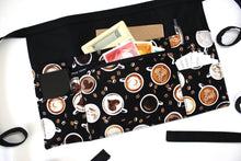 Load image into Gallery viewer, half apron with pockets, coffee cup waitress apron for women, server apron, teacher apron, vendor apron with zipper pocket, waist apron