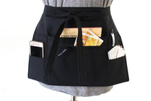 Load image into Gallery viewer, black half apron - black waitress apron - black teacher apron - money apron - vendor apron - zipper pocket - waist apron - utility apron