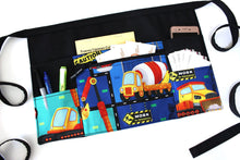 Load image into Gallery viewer, teacher apron with pockets, construction vehicle, trucks preschool teacher organizer apron, bulldozer, concrete mixer, digger, dumper truck