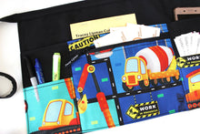 Load image into Gallery viewer, teacher apron with pockets, construction vehicle, trucks preschool teacher organizer apron, bulldozer, concrete mixer, digger, dumper truck