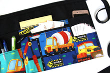 Load image into Gallery viewer, teacher apron with pockets, construction vehicle, trucks preschool teacher organizer apron, bulldozer, concrete mixer, digger, dumper truck