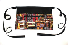 Load image into Gallery viewer, pocket apron gift for book lover - teacher appreciation gift - book print fabric half apron - black utility apron zipper pocket waist apron