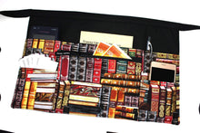 Load image into Gallery viewer, pocket apron gift for book lover - teacher appreciation gift - book print fabric half apron - black utility apron zipper pocket waist apron