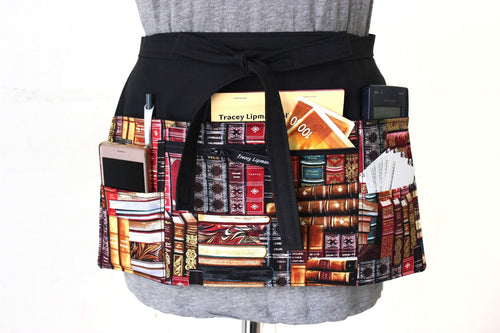 pocket apron gift for book lover - teacher appreciation gift - book print fabric half apron - black utility apron zipper pocket  waist apron