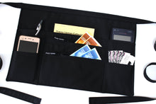 Load image into Gallery viewer, black half apron with pockets - teacher apron - server apron - two zipper pockets - money apron - vendor apron - farmers market apron