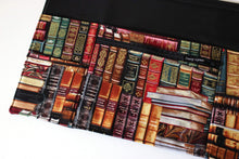 Load image into Gallery viewer, pocket apron gift for book lover - teacher appreciation gift - book print fabric half apron - black utility apron zipper pocket waist apron