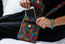 Load image into Gallery viewer, cell phone crossbody bag, smartphone pouch, mobile phone pouch, small shoulder bag, colorful swirl fabric, vegan cell phone wallet purse