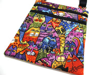 Load image into Gallery viewer, Feline Frolic Laurel Burch cat purse, cross body bag for women teen tween cat lover gift, crazy cat lady gift, cotton fabric shoulder bag