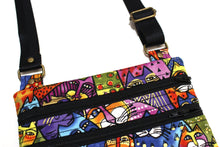 Load image into Gallery viewer, Feline Frolic Laurel Burch cat purse, cross body bag for women teen tween cat lover gift, crazy cat lady gift, cotton fabric shoulder bag