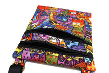 Load image into Gallery viewer, Feline Frolic Laurel Burch cat purse, cross body bag for women teen tween cat lover gift, crazy cat lady gift, cotton fabric shoulder bag