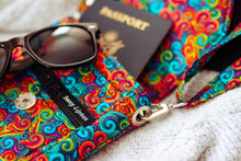 Load image into Gallery viewer, cell phone crossbody bag, smartphone pouch, mobile phone pouch, small shoulder bag, colorful swirl fabric, vegan cell phone wallet purse