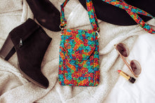 Load image into Gallery viewer, cell phone crossbody bag, smartphone pouch, mobile phone pouch, small shoulder bag, colorful swirl fabric, vegan cell phone wallet purse