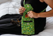 Load image into Gallery viewer, cell phone crossbody bag for women, green fabric vegan phone bag, mini messenger bag, grab and go bag for everyday carry small essentials