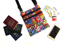 Load image into Gallery viewer, Feline Frolic Laurel Burch cat purse, cross body bag for women teen tween cat lover gift, crazy cat lady gift, cotton fabric shoulder bag