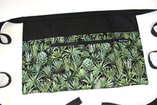 Load image into Gallery viewer, succulent half apron with pockets for women, vendor apron with zipper pocket for farmers market craft show, green cactus leaf florist gift