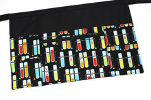 Load image into Gallery viewer, chemistry teacher apron with pockets, science teacher gift, half apron with zipper pocket, test tube print classroom apron scientist geek