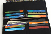 Load image into Gallery viewer, vegan wallet for women for cards money and phone, fabric checkbook cover wallet with coin pocket, long wallet for lots of cards, slim bifold