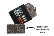 Load image into Gallery viewer, vegan wallet for women for cards money and phone, fabric checkbook cover wallet with coin pocket, long wallet for lots of cards, slim bifold