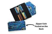 Load image into Gallery viewer, Fabric wallet for women, cell phone wallet, long wallet, slim wallet, large wallet with zipper change pocket, holds lots of cards, vegan